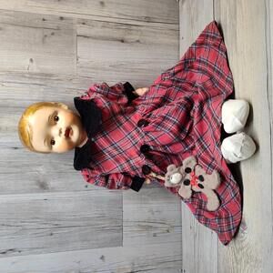 Vintage American Doll Company Doll with Red Plaid Dress and Felt Bear Toy